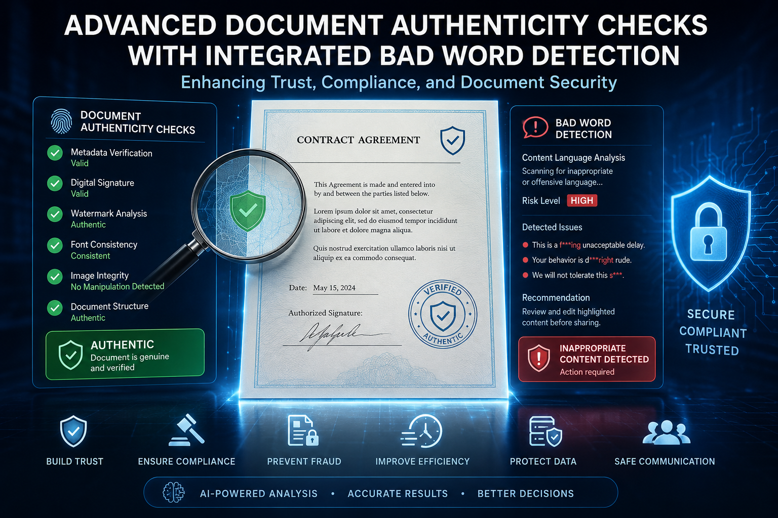 Advanced Document Authenticity Checks with Integrated Bad Word Detection: Enhancing Trust, Compliance, and Document Security Artificial Intelligence is transforming document security by combining advanced document authenticity verification with intelligent bad word detection, enabling organizations to improve compliance, reduce fraud, and maintain professional communication standards.