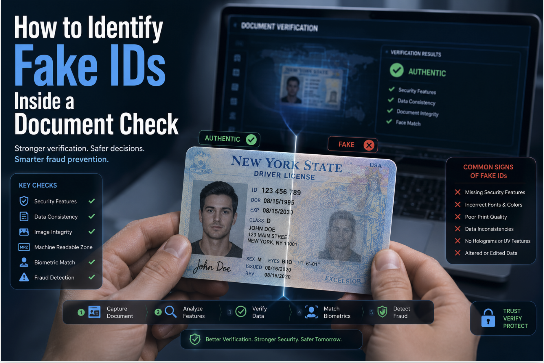 How to Identify Fake IDs During a Document Check | Complete Guide for Compliance Professionals. Learn how compliance professionals can identify fake IDs during document verification using forensic inspection, AI-powered verification, security features, and regulatory best practices.